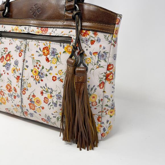 Patricia Nash Leather Poppy Tote Mini Meadows Floral‎ Print Brown Trim Tassels - Picture 3 of 14